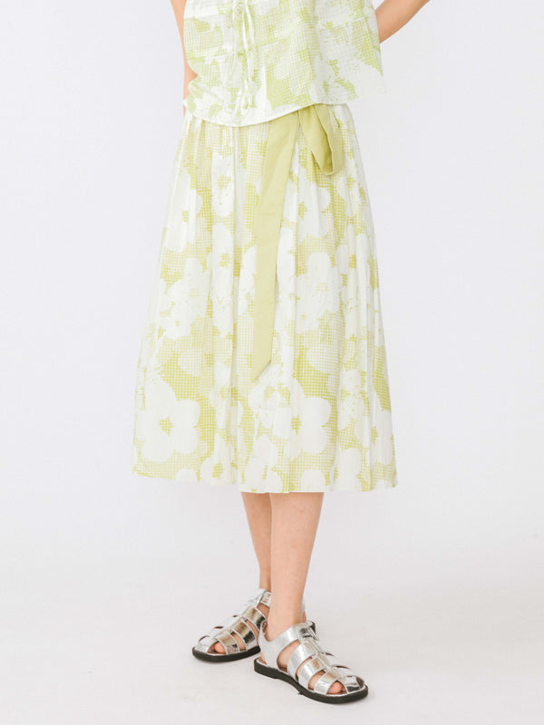 cubic Plaid and Floral A-line Midi Cotton Skirt Green