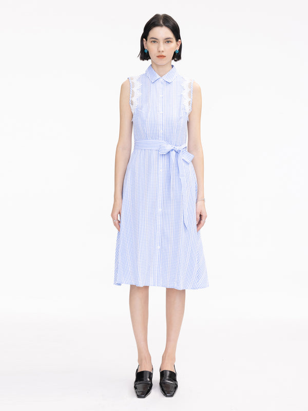 Cubic Plaid And Lace Sleeveless Shirt Dress LightSteelBlue