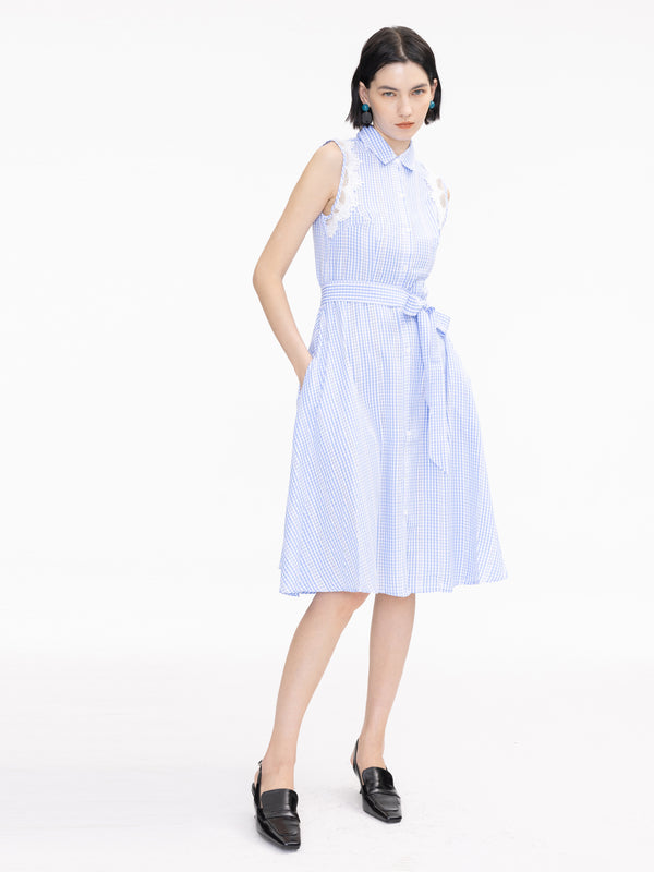 Cubic Plaid And Lace Sleeveless Shirt Dress LightSteelBlue