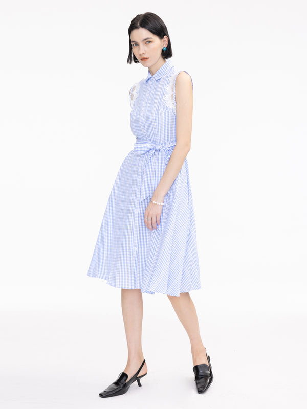 Cubic Plaid And Lace Sleeveless Shirt Dress LightSteelBlue