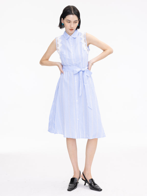 cubic Plaid and Lace Sleeveless Shirt Dress LightSteelBlue