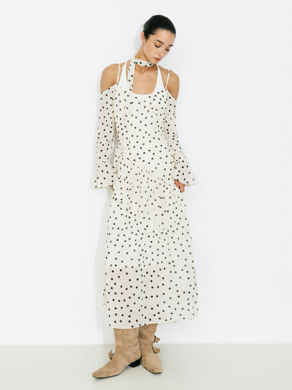 cubic Polka Dot Off-Shoulder Cami Sleeve Maxi Dress Beige