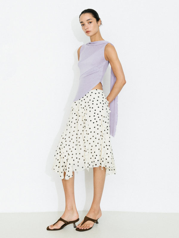 cubic Polka Dot Ruffled Asymmetrical Hem Skirt Beige