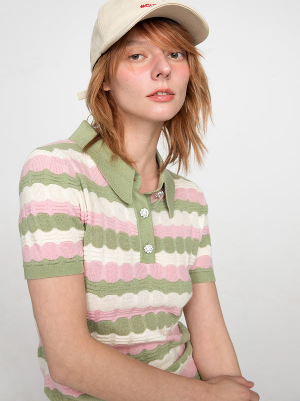 Cubic Polo Short Sleeve Striped Knit Dress Light Green