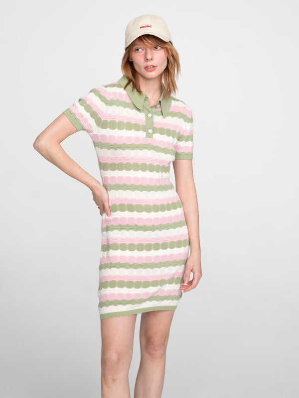 cubic Polo Short Sleeve Striped Knit Dress Light Green