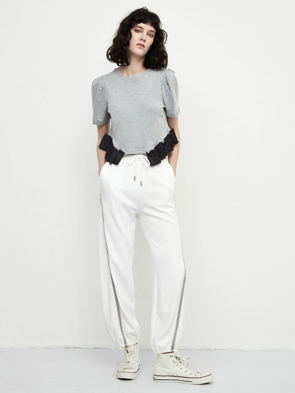 Cubic Puff Sleeve Contrast Colour Cotton T-Shirt Silver