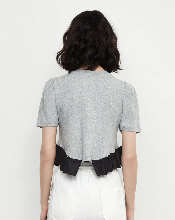 Cubic Puff Sleeve Contrast Colour Cotton T-Shirt Silver