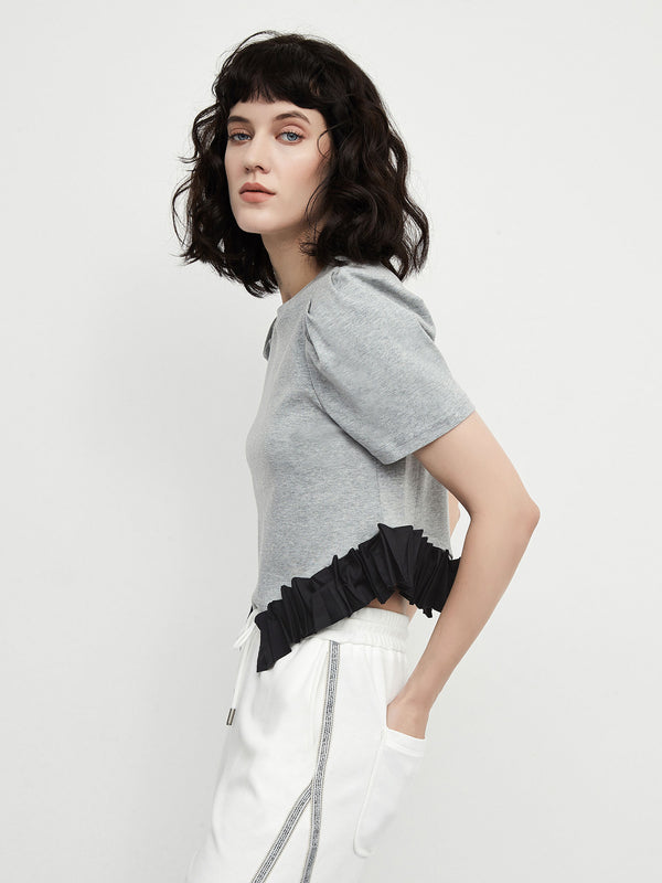 Cubic Puff Sleeve Contrast Colour Cotton T-Shirt Silver