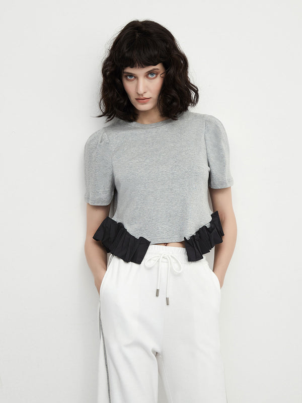 cubic Puff Sleeve Contrast Colour Cotton T-Shirt Silver