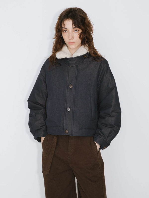 Cubic Removable Fur Collar High Neck Down Coat DarkBlue