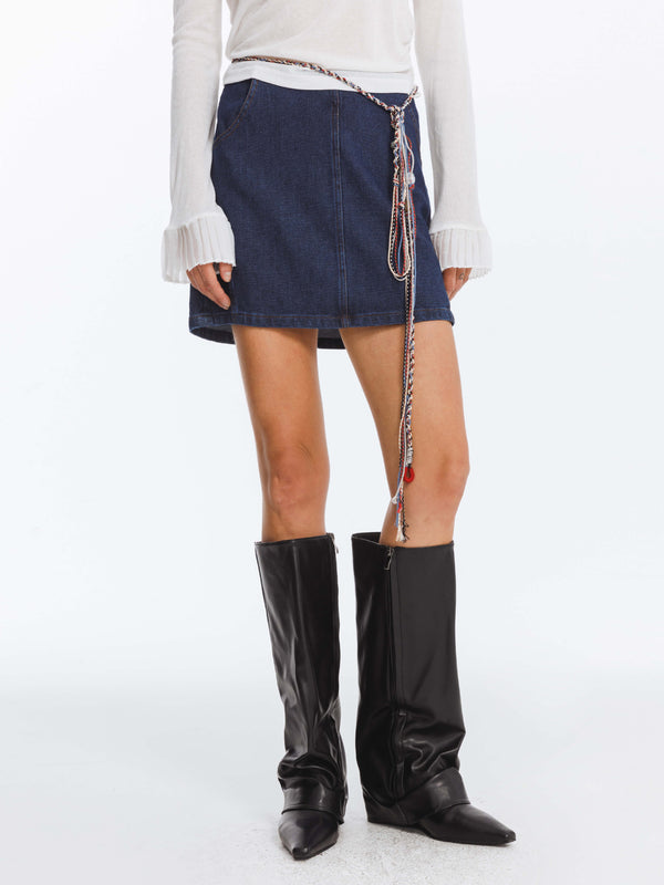 cubic Retro A-line Denim Skirt without Waistband MidnightBlue