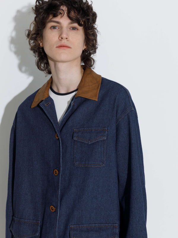 Cubic Retro Contrast Color Cotton Denim Jacket MidnightBlue