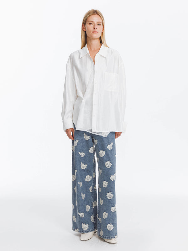 Cubic Retro Rose Print Washed Straight Leg Jeans SteelBlue