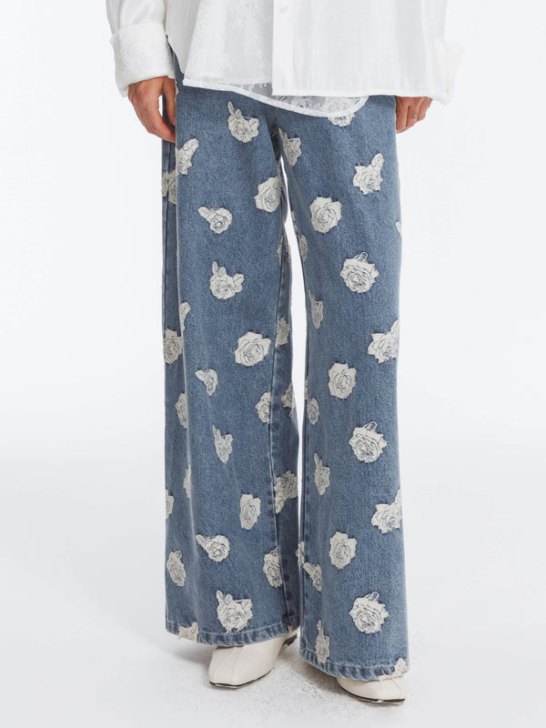 Cubic Retro Rose Print Washed Straight Leg Jeans SteelBlue