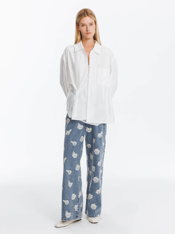 Cubic Retro Rose Print Washed Straight Leg Jeans SteelBlue