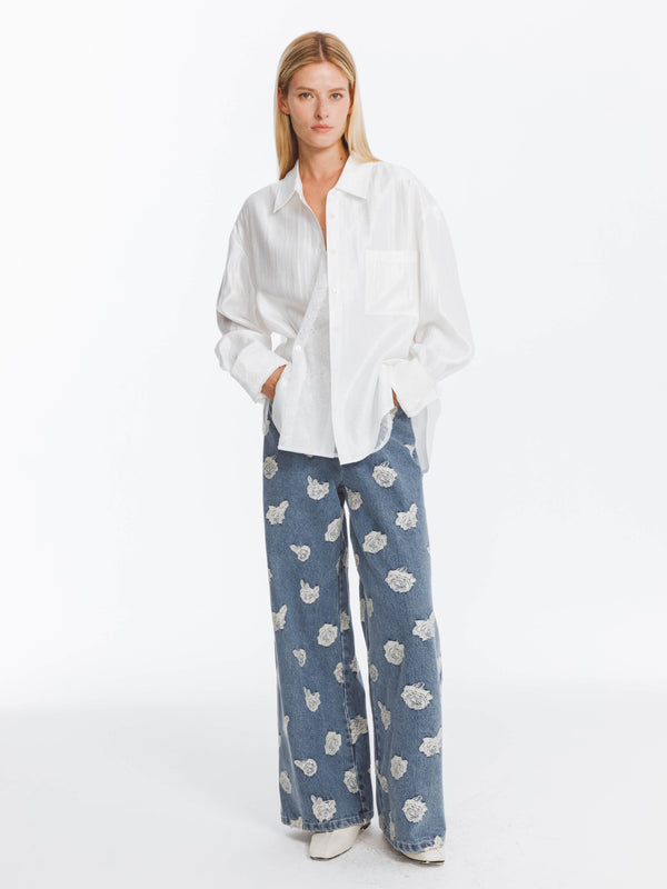 cubic Retro Rose Print Washed Straight Leg Jeans SteelBlue