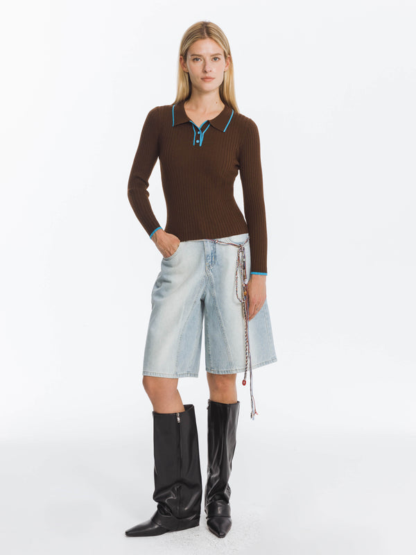 Cubic Ribbed Contrast Knitted Long Sleeve Top White