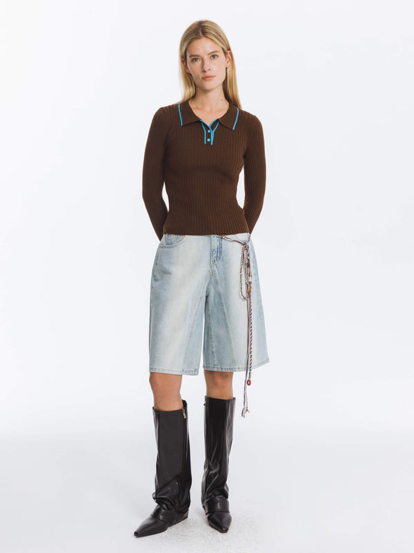 Cubic Ribbed Contrast Knitted Long Sleeve Top White