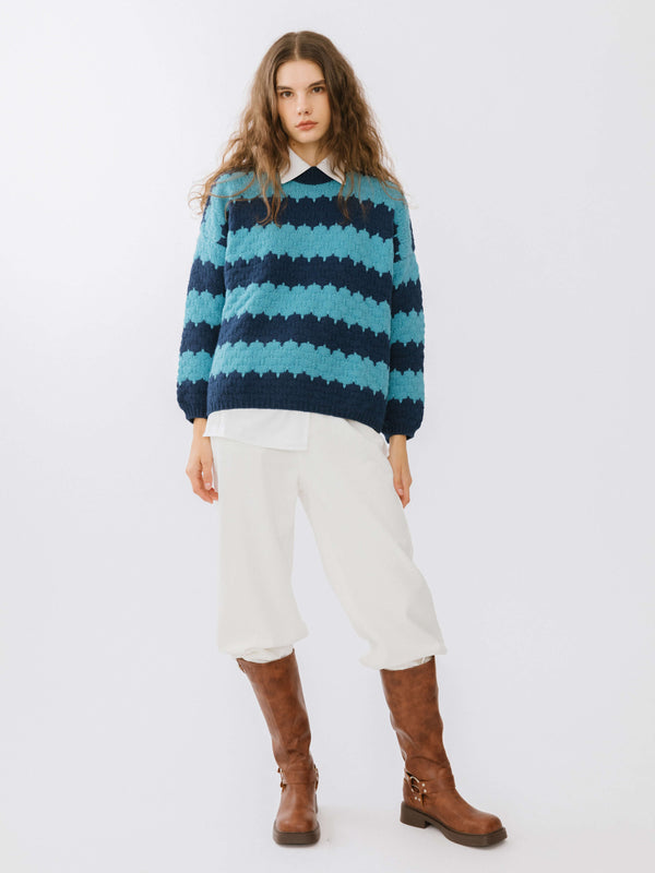 Cubic Round Neck Contrast Colour Striped Sweater SkyBlue