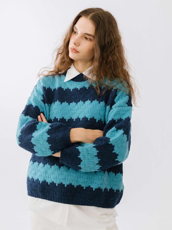 Cubic Round Neck Contrast Colour Striped Sweater SkyBlue