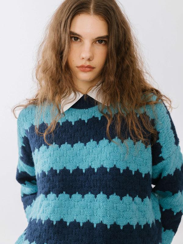 Cubic Round Neck Contrast Colour Striped Sweater SkyBlue