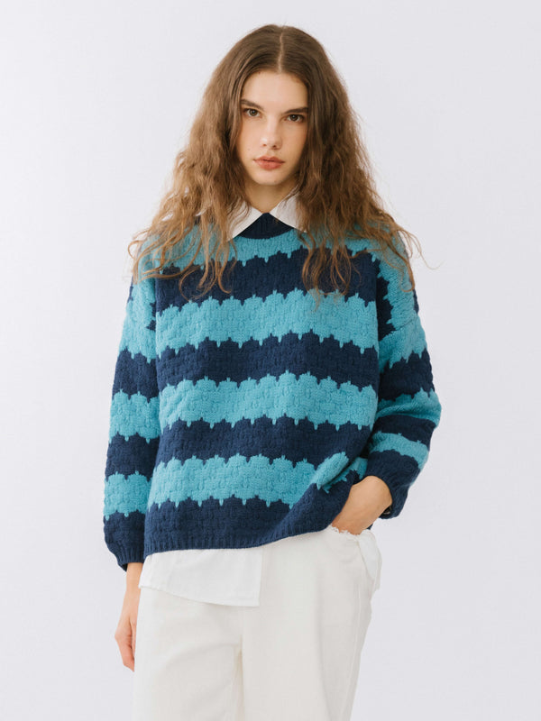 cubic Round Neck Contrast Colour Striped Sweater SkyBlue