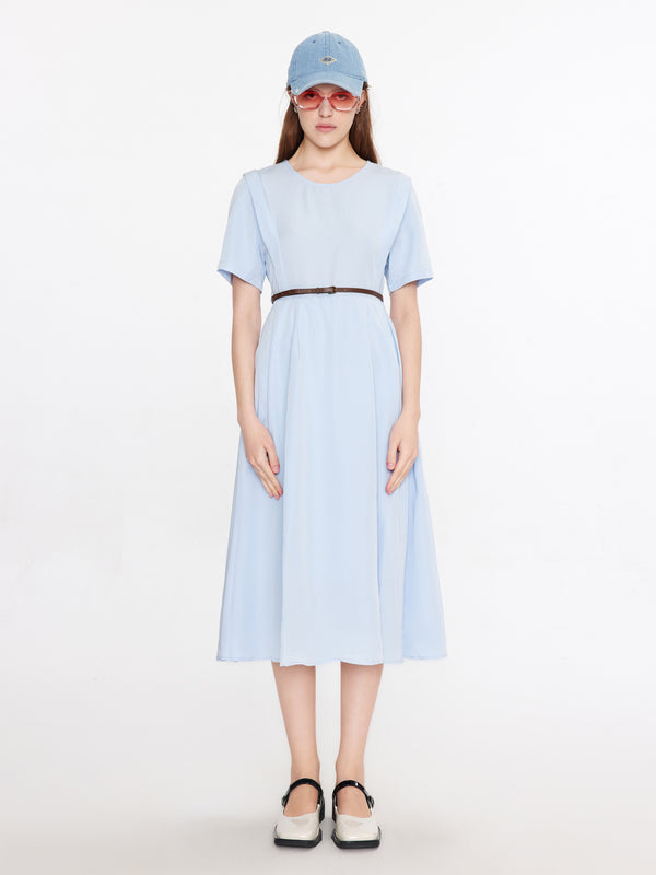 Cubic Round Neck Short Sleeve Midi Dress Light Blue