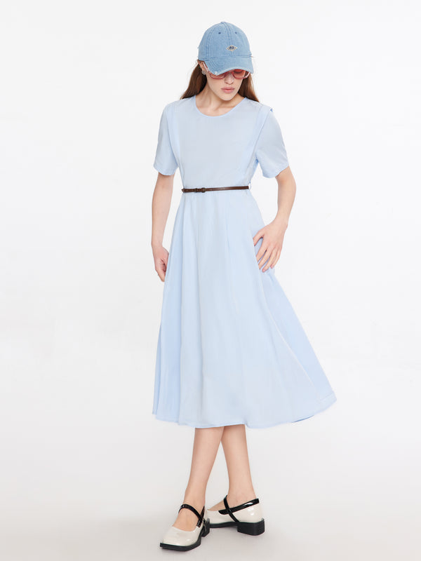 cubic Round Neck Short Sleeve Midi Dress Light Blue
