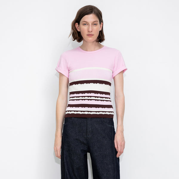 Cubic Round Neck Striped Color Block Knitted T-shirt Pink