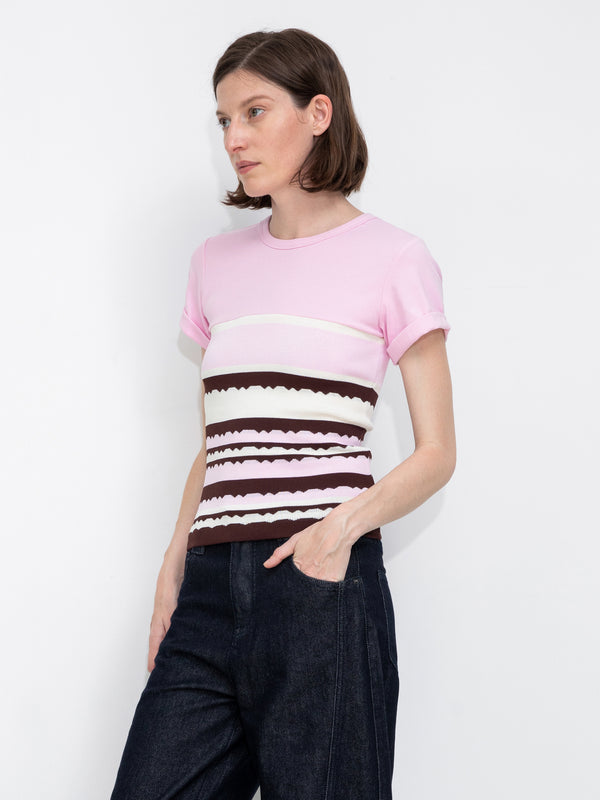 Cubic Round Neck Striped Color Block Knitted T-shirt Pink