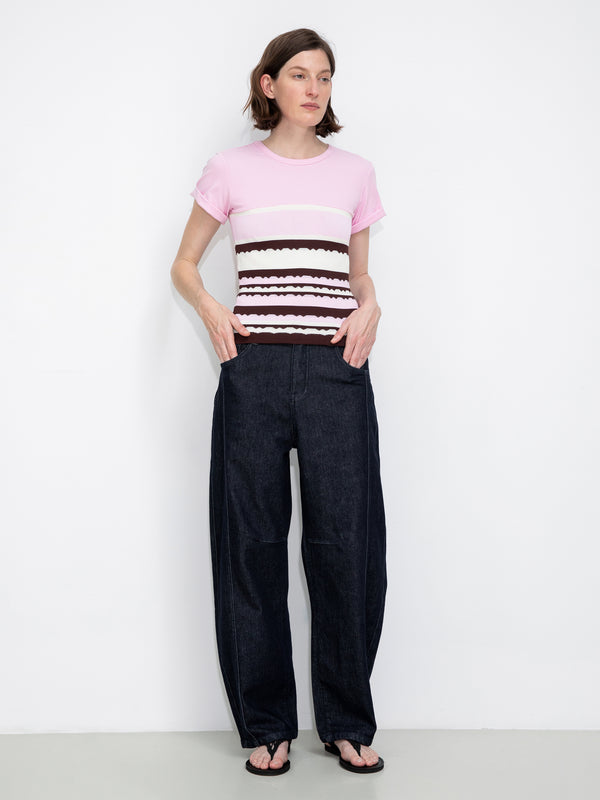 Cubic Round Neck Striped Color Block Knitted T-shirt Pink