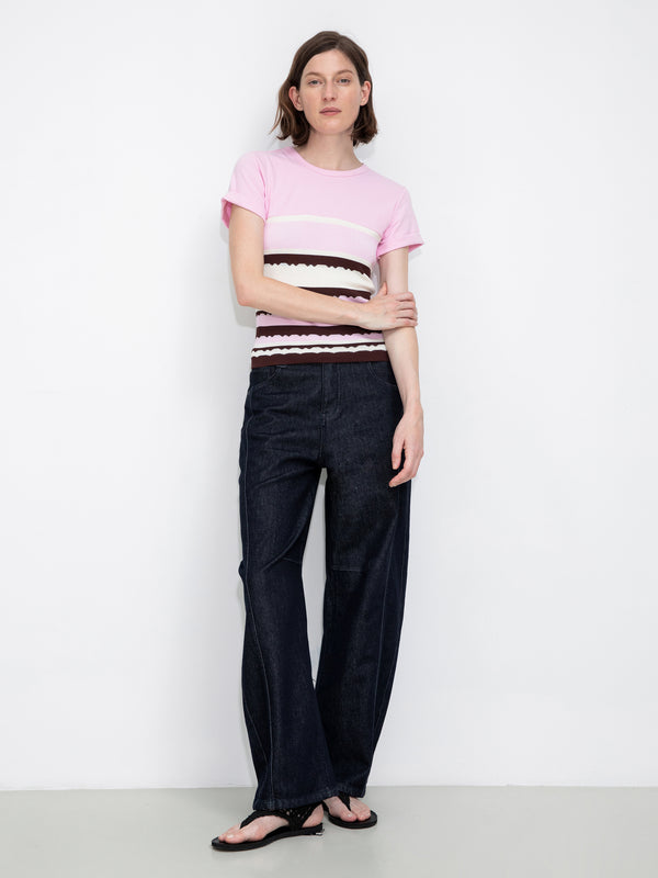 cubic Round Neck Striped Color Block Knitted T-shirt Pink
