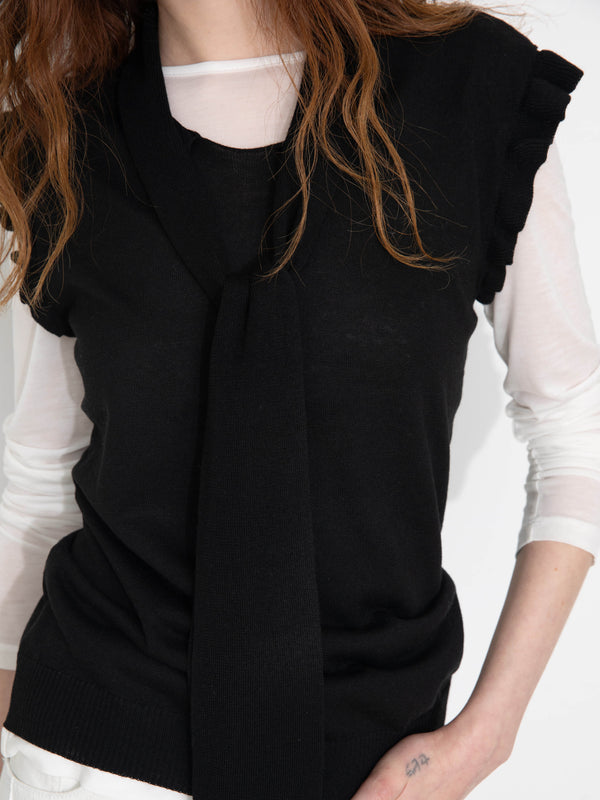 Cubic Ruffled Sleeve Sleeveless Knit Top With Attached Scarf White