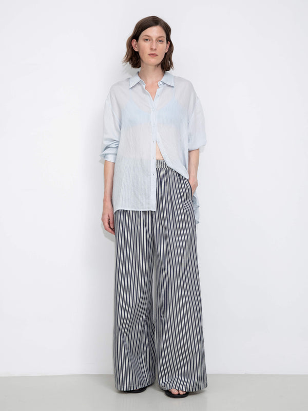 Cubic Semi-Sheer Oversized Striped Pattern Shirt Blue