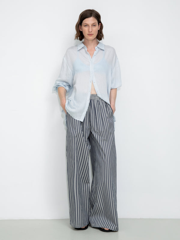 cubic Semi-Sheer Oversized Striped Pattern Shirt Blue