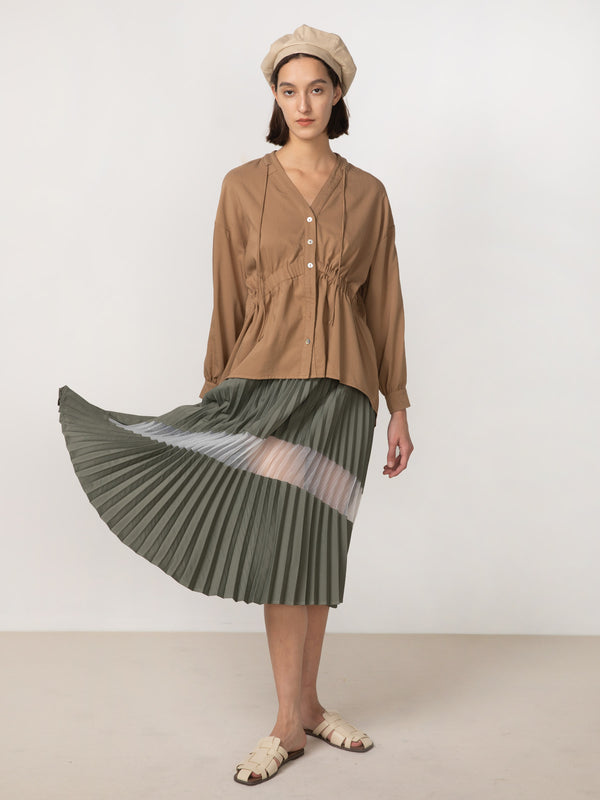 Cubic Sheer Panel Pleated Midi Skirt DarkOliveGreen