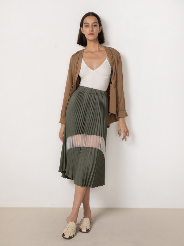 Cubic Sheer Panel Pleated Midi Skirt DarkOliveGreen