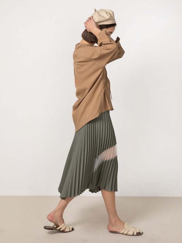 Cubic Sheer Panel Pleated Midi Skirt DarkOliveGreen