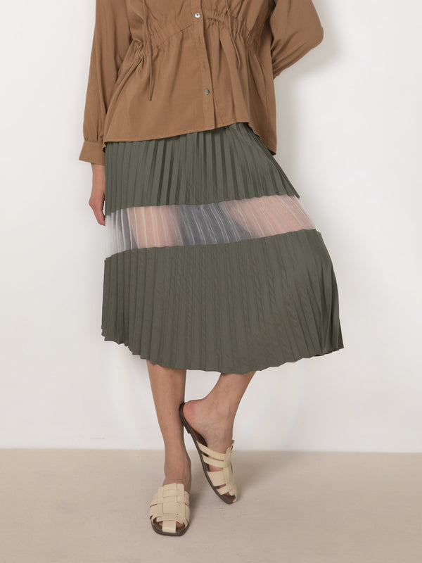 cubic Sheer Panel Pleated Midi Skirt DarkOliveGreen