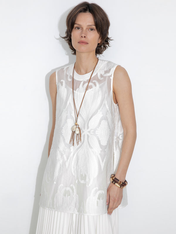 Cubic Sheer Patterned Sleeveless Pleated Skirt White