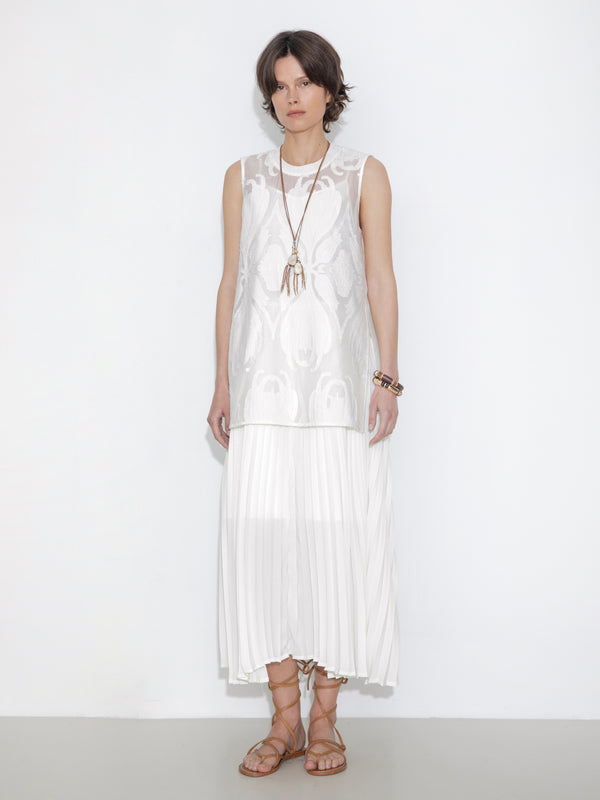 Cubic Sheer Patterned Sleeveless Pleated Skirt White