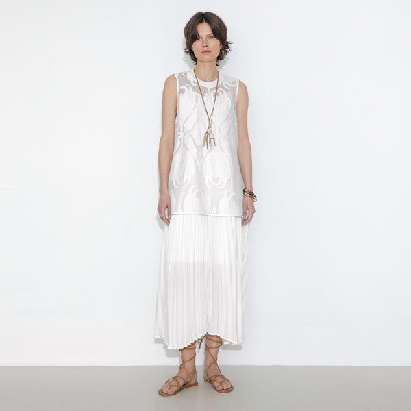 Cubic Sheer Patterned Sleeveless Pleated Skirt White