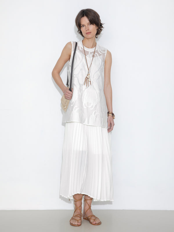cubic Sheer Patterned Sleeveless Pleated Skirt White