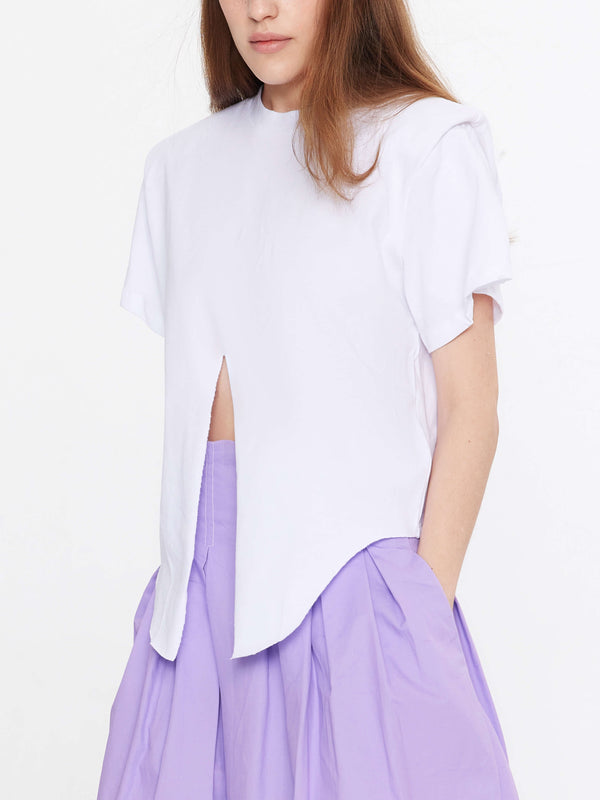 Cubic Shoulder Padded Short Sleeve Knot Cotton T-Shirt Black