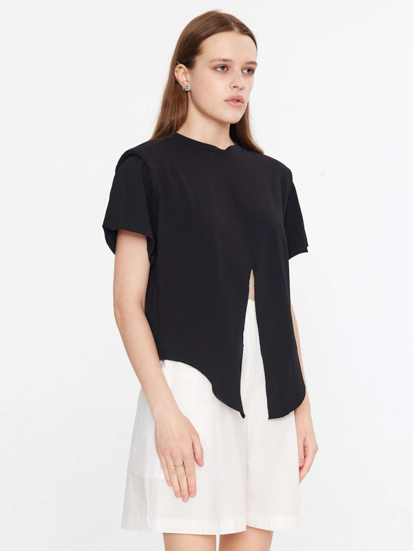 Cubic Shoulder Padded Short Sleeve Knot Cotton T-Shirt Black