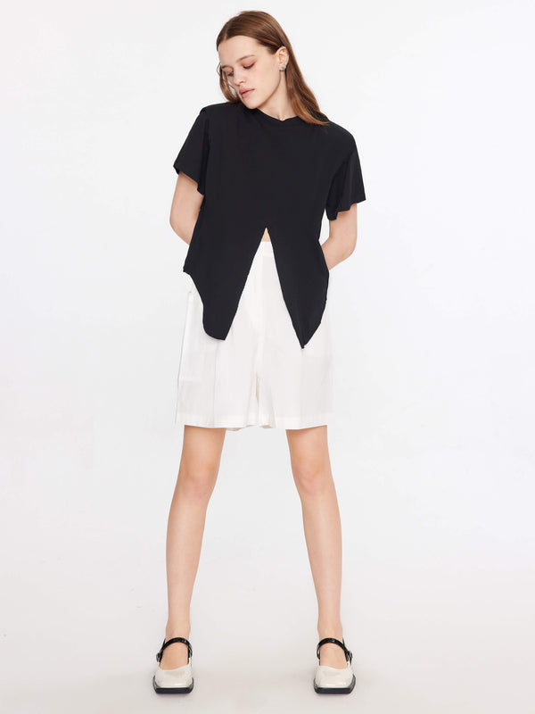 Cubic Shoulder Padded Short Sleeve Knot Cotton T-Shirt Black