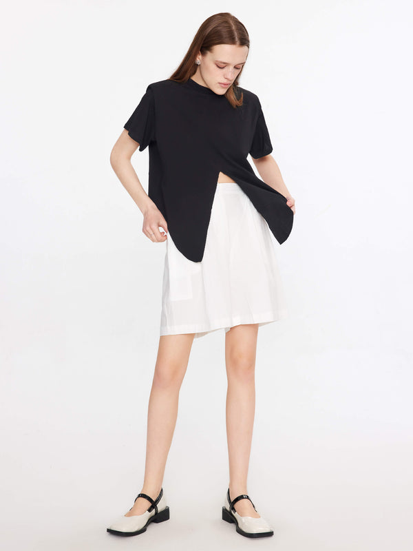 cubic Shoulder Padded Short Sleeve Knot Cotton T-Shirt Black