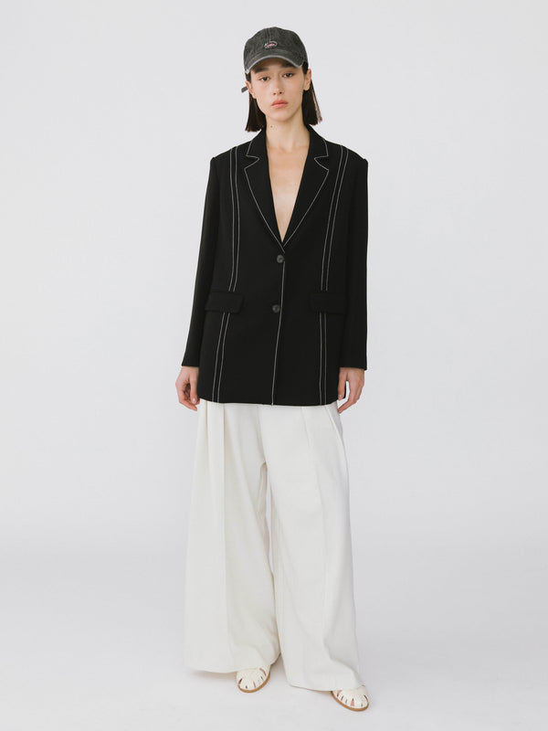 Cubic Single Breasted Contrast Topstitch Long Blazer Black