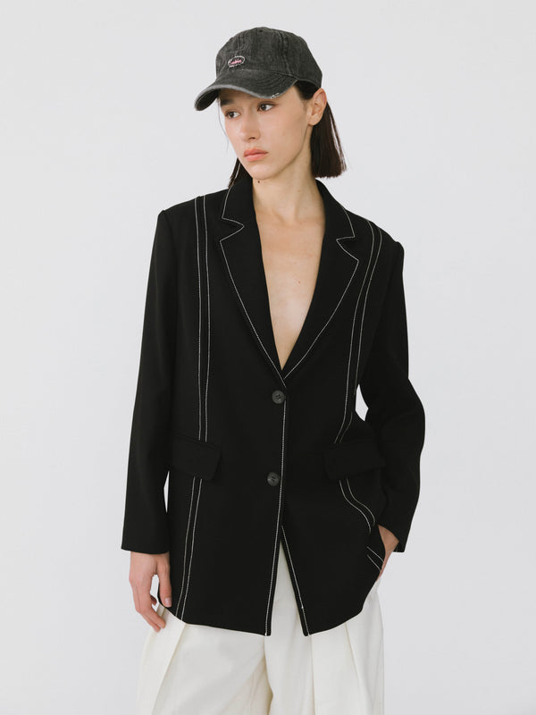 Cubic Single Breasted Contrast Topstitch Long Blazer Black
