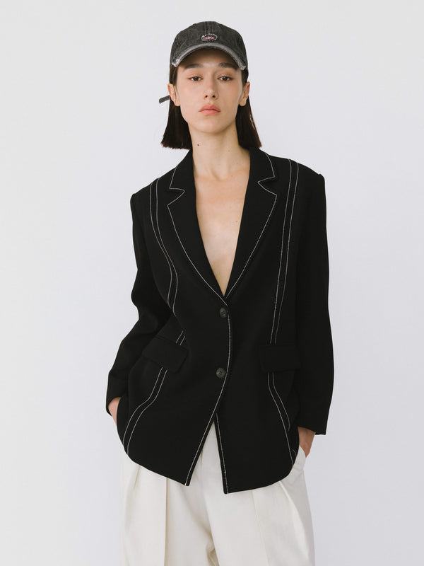 cubic Single Breasted Contrast Topstitch Long Blazer Black